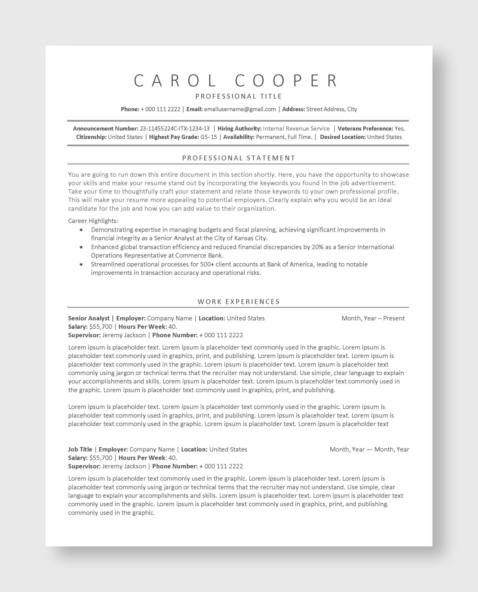 Federal Resume Template 1 - Image 2