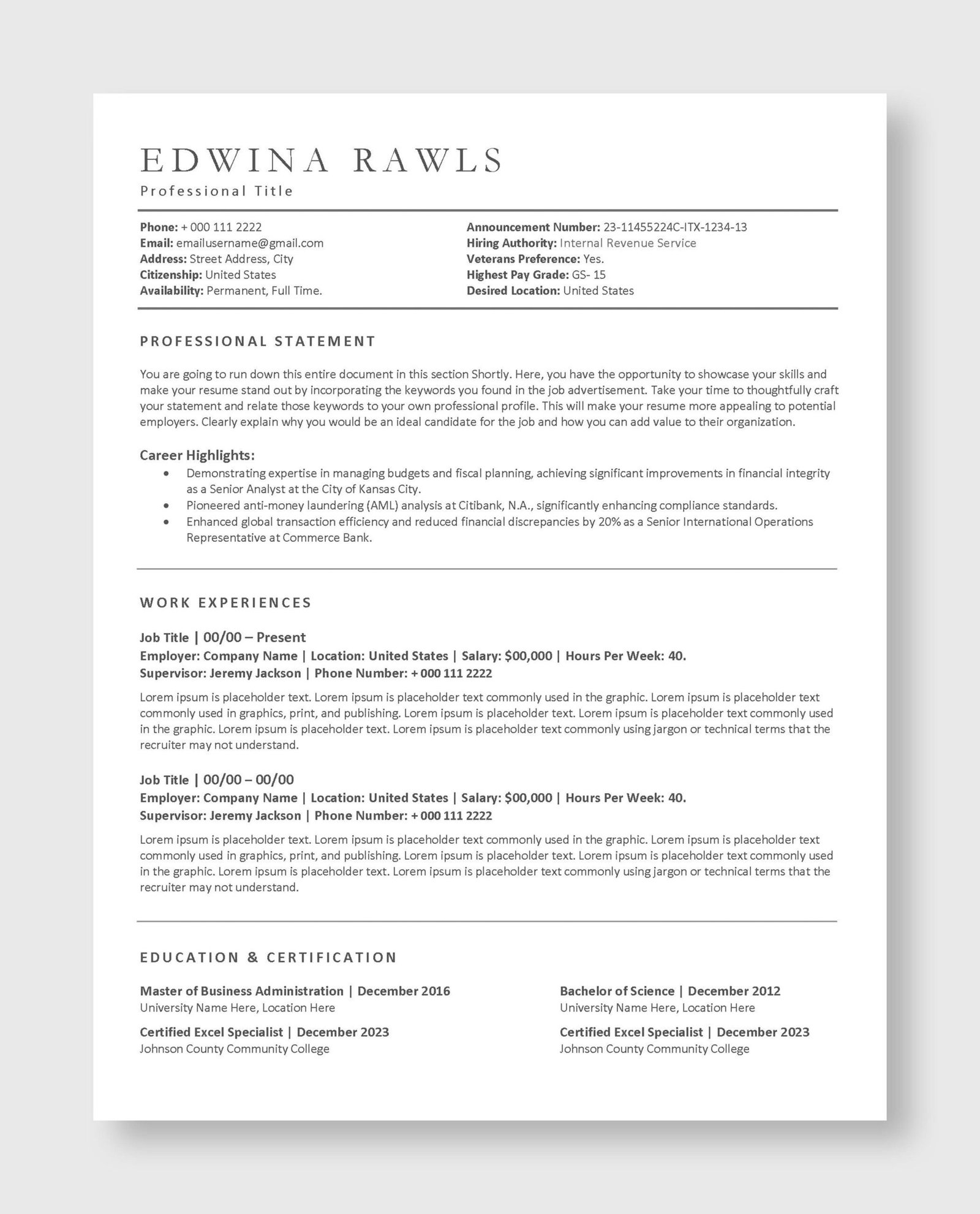 Federal Resume Template 5
