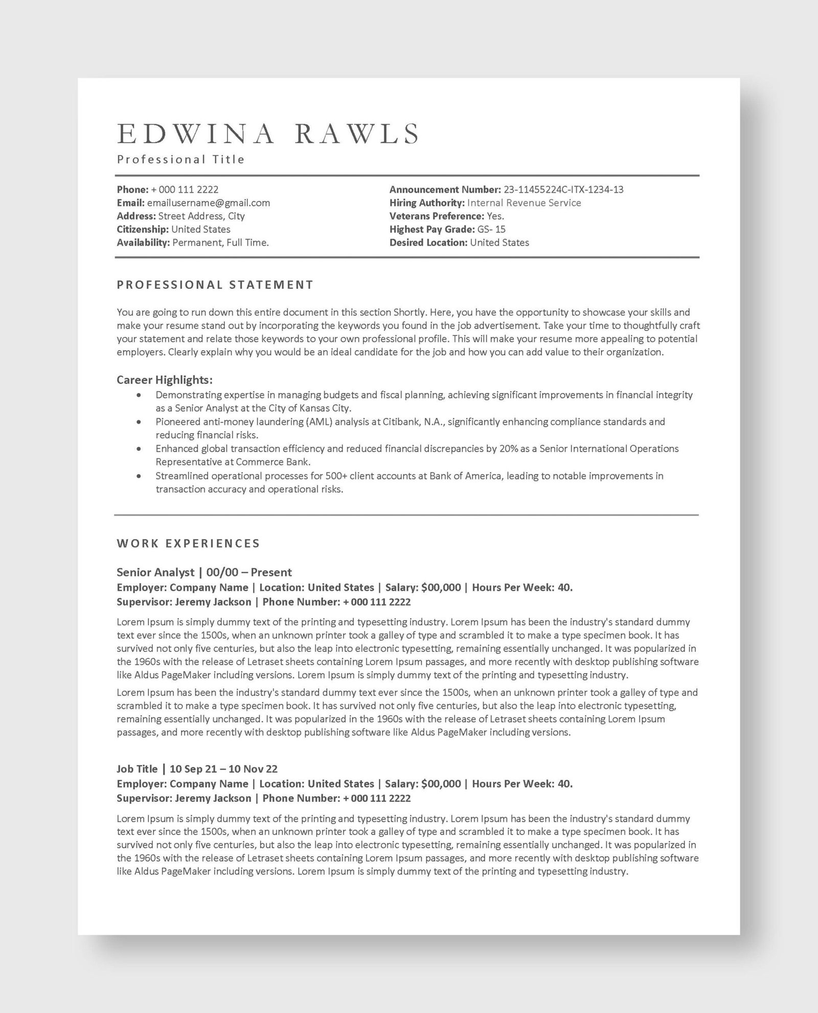 Federal Resume Template 5 - Image 2
