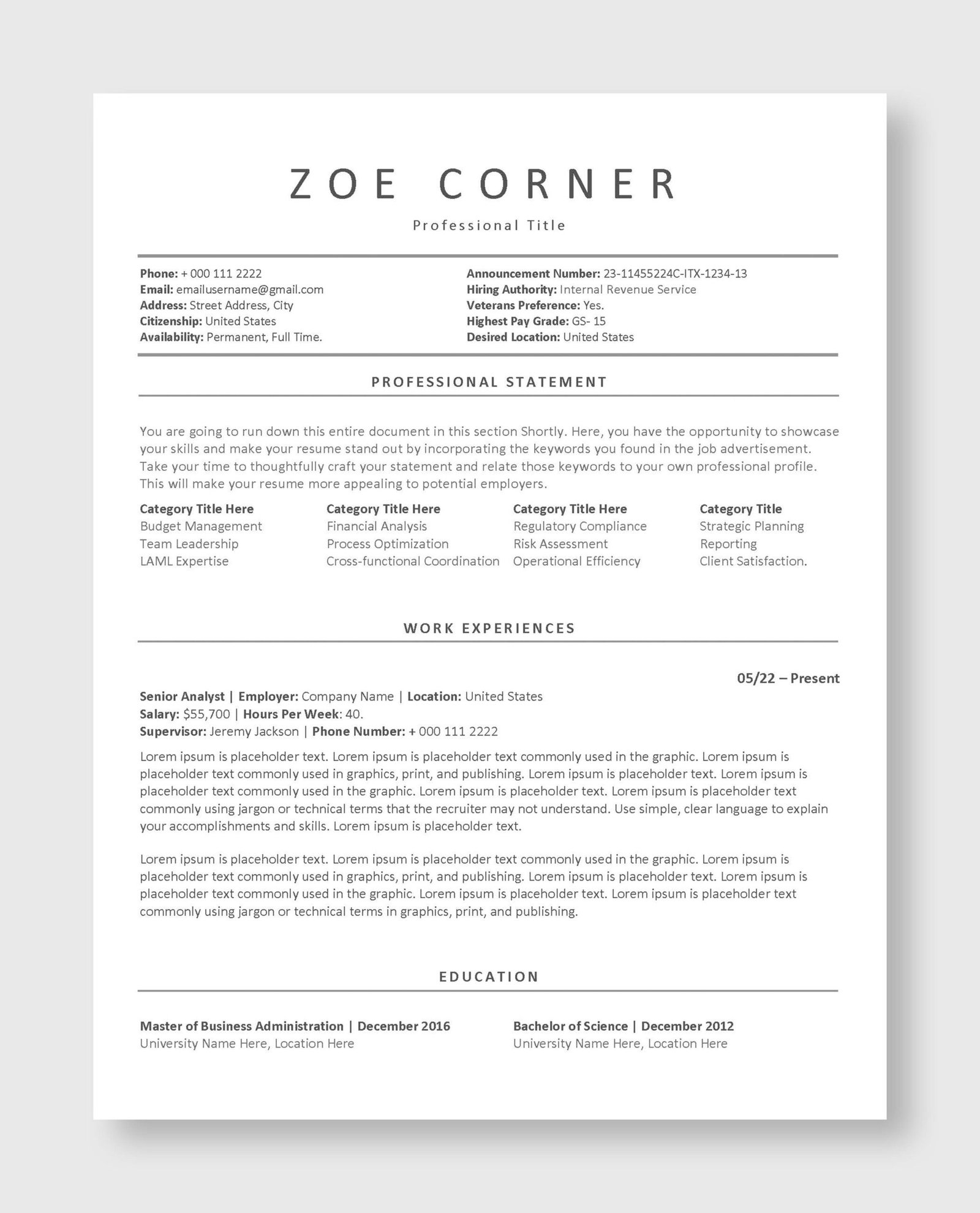 Federal Resume Template 7