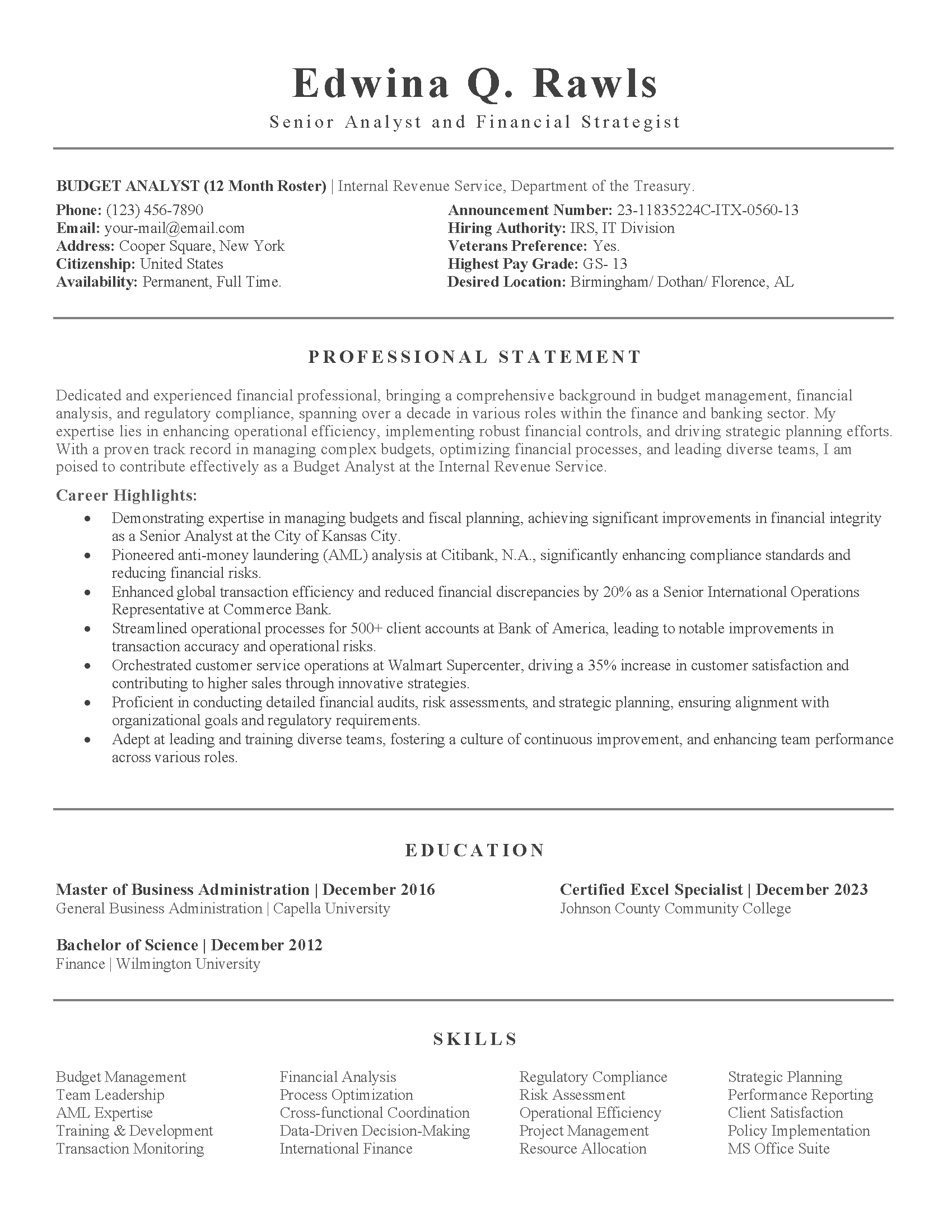 Federal Resume Example