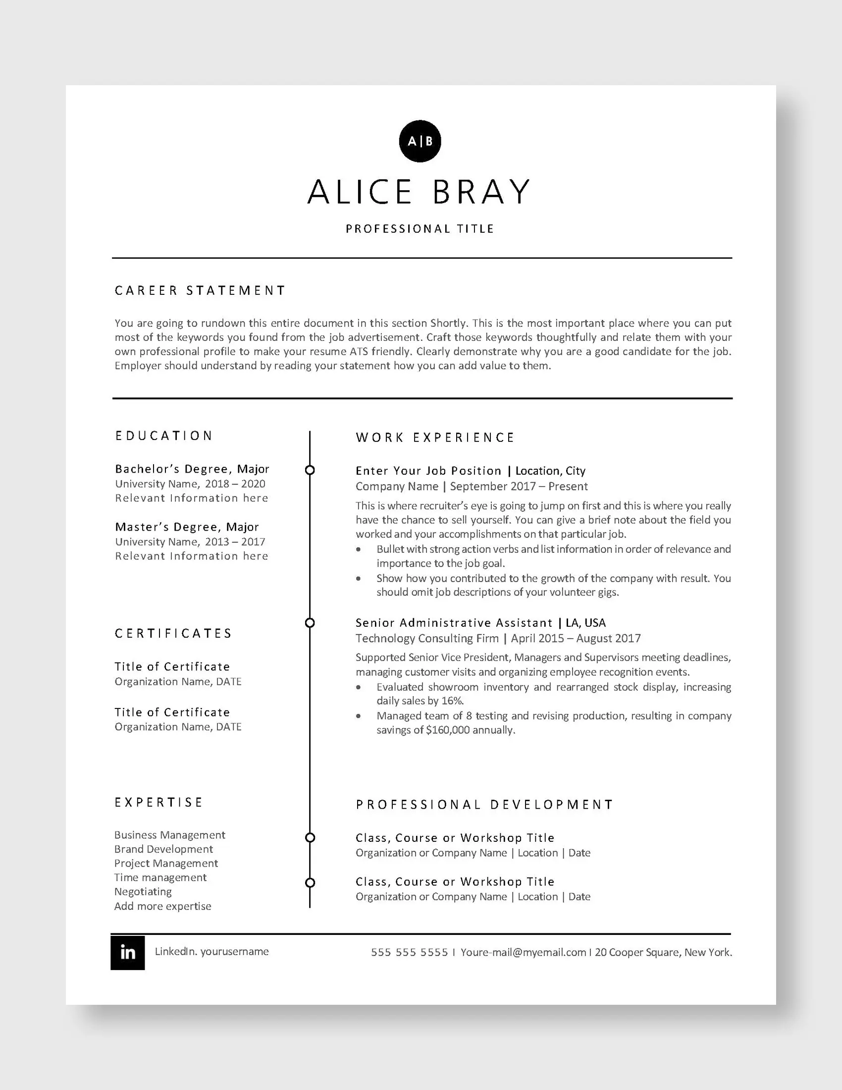 Alice_Bray_Professional_US 1 Page_Resume_Template